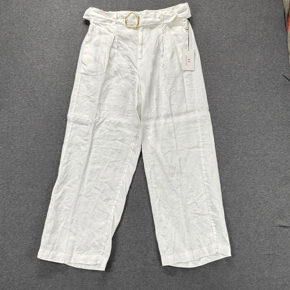 Halston‎ Pants Womens L White 100% Linen Wide Leg Belted High Waist Cropped NEW